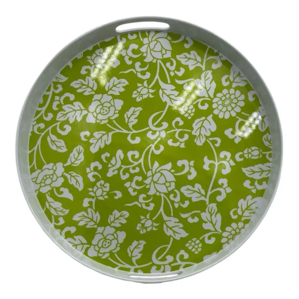 Vtg Precidio Melamine 13.5” Round Serving Tray Handles Lime Green White EUC